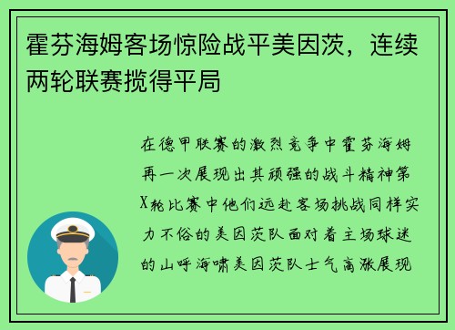 霍芬海姆客场惊险战平美因茨，连续两轮联赛揽得平局